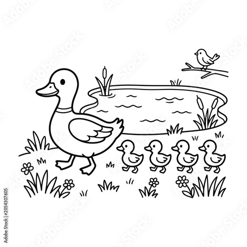 Принти на полотні Coloring book page featuring a cute mother duck leading her four little duckling