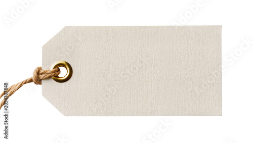 Foto Blank beige paper tag with brass grommet and jute twine, isolated on transparent