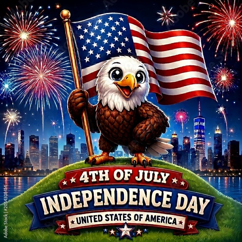Cute cartoon eagle holding american flag for independence day celebration