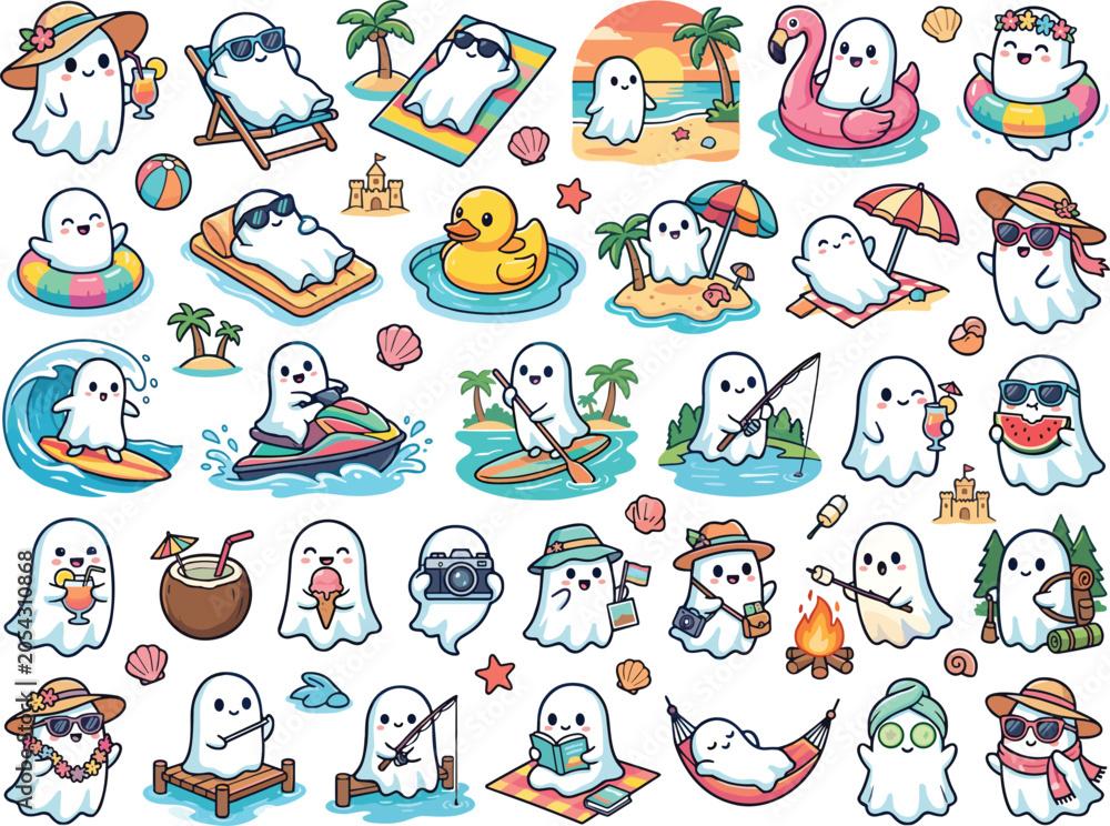 Obraz premium Summer Ghost Sticker Collection with Beach Vacation Activities Vector Illustration