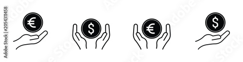 Foto Minimalist hand holding dollar coin icons, financial investment and donation vector set, black and white money saving symbols for business