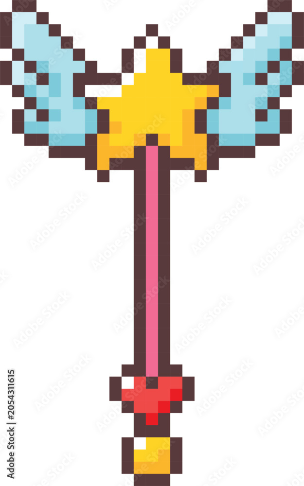 Naklejka premium Magic wand pixel art vector icon, retro 8 bit video game kids fairy toy, cartoon wizard tool with star, heart and wings