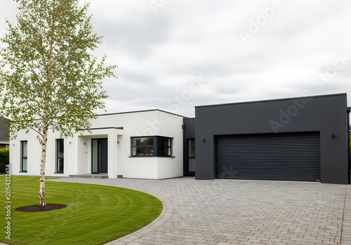 Modern house with white and black exterior and brick driveway and tree in lawn