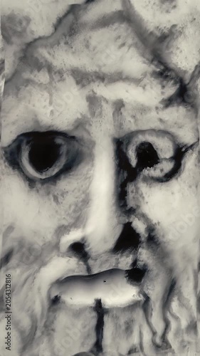 Ancient Roman Mouth of Truth mask, face morphing and dissolving into liquid melting glow motion. Haunting expression evokes mystery, fear, surreal emotional tension.

