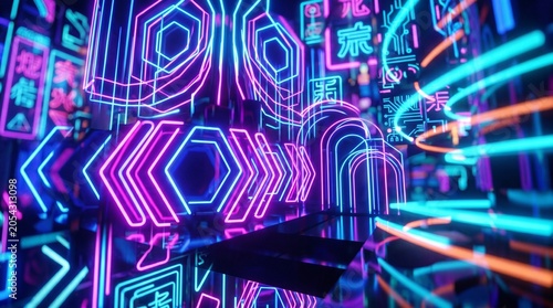 Bright neon geometric background with glowing lines and abstract shapes