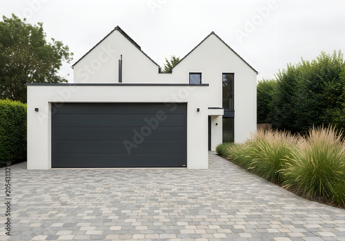 Modern white house with gray garage door and paved driveway exterior design