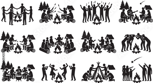 Cuadro en lienzo Set of people camping around a campfire, roasting marshmallows, singing, playing