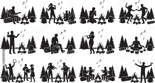 Canvas Print Set of silhouettes of people playing musical instruments and singing around a ca