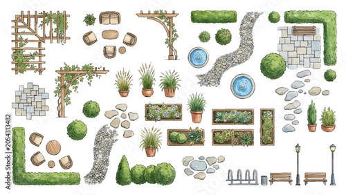 Premium Outdoor Living Landscape Assets for Courtyard Design, Residential Planning and Architectural Visualization Vector Pack
