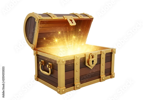 Open Treasure Chest with Glowing Gold Coins on white background , Isolated on Transparent Background, PNG, Generative AI