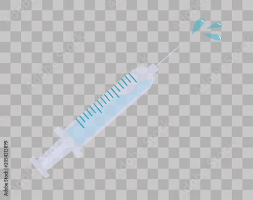 A medical syringe with a needle and drops of medical liquid.