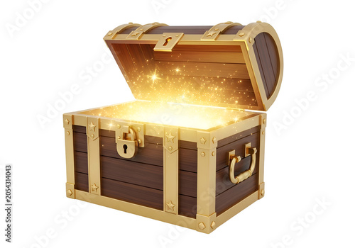 Open wooden treasure chest glowing with golden light and ancient coins inside on white background , Isolated on Transparent Background, PNG, Generative AI