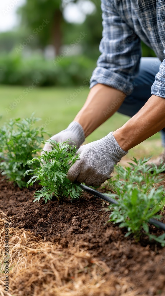 Fototapeta premium Hands planting young shrub in garden soil, landscaping service, environmental care, growth and sustainability concept.