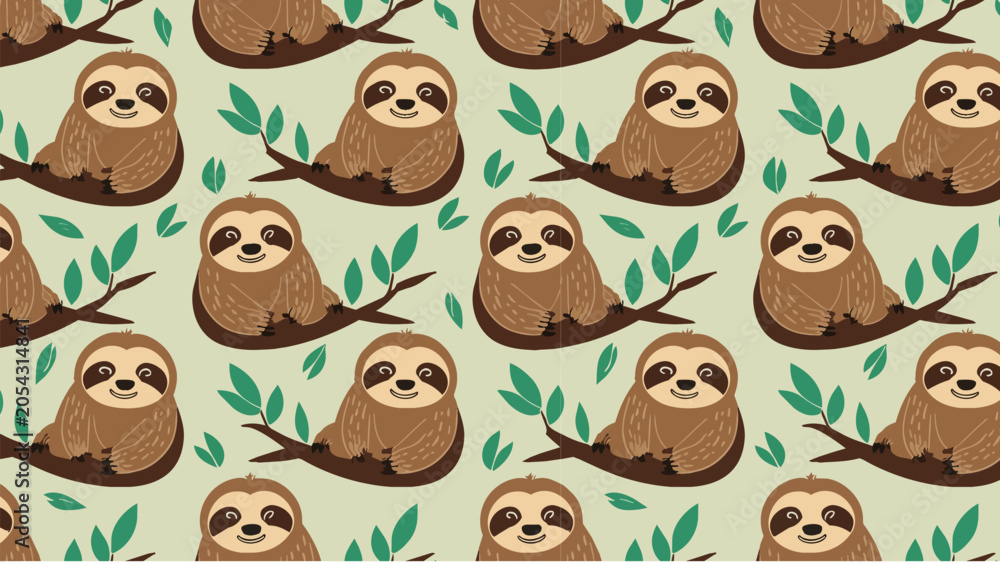 Obraz premium Seamless Pattern Featuring Cute Cartoon Sloths Resting on Tree Branches with Green Leaves for Fabric and Textile Design