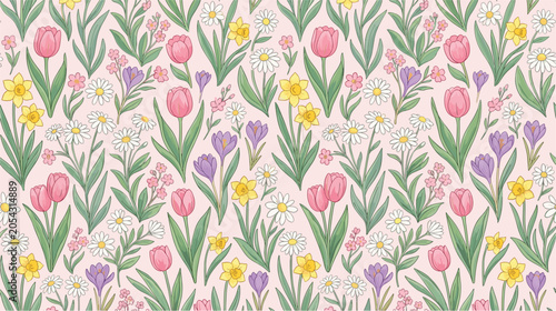 Photos Seamless spring floral pattern vector illustration featuring colorful tulips daisies narcissus and crocuses on a soft pink background