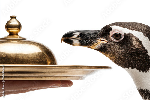 Penguin looking at a covered serving tray on white background. Space for text.