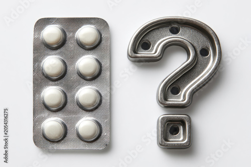 Pill blister pack beside a metallic question mark.
