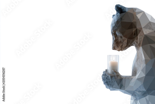 Low poly bear holding a candle on white background. Space for text.