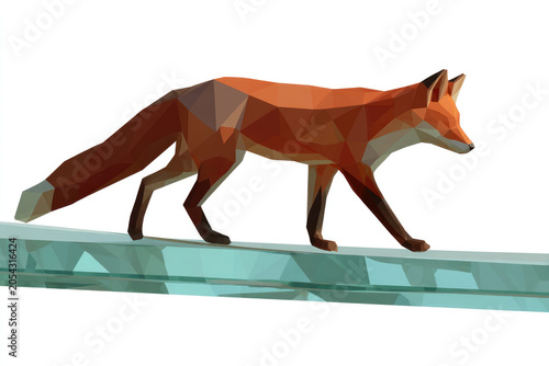 Low poly fox walking on a thin glass surface. Space for text.
