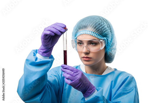 Female scientist examining blood sample in laboratory on white background , Isolated on Transparent Background, PNG, Generative AI