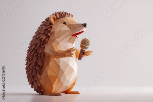 Low poly hedgehog holding a microphone. Space for text.