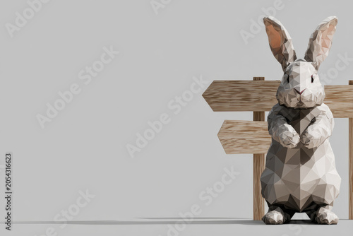 Low poly rabbit standing beside blank wooden signs. Space for text.