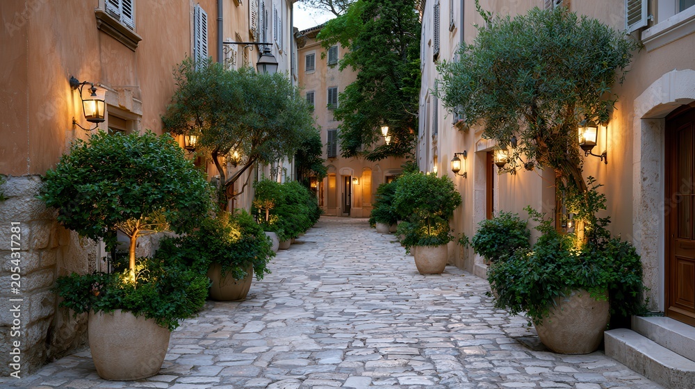 Fototapeta premium Charming stone village street with warm evening atmosphere.