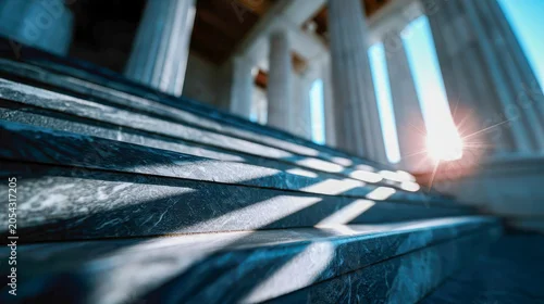Fototapeta na wymiar Low-angle view of grand stone staircase and classical columns with bright sunlight, government, law, heritage and institutional architecture concept