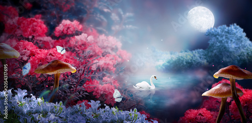 Quadro su tela Fantasy whimsical enchanted fairy tale landscape with swan swimming in lake, whimsy fairytale pink rose flower bloom, bluebells, butterflies and mushrooms on mysterious background and moon in night