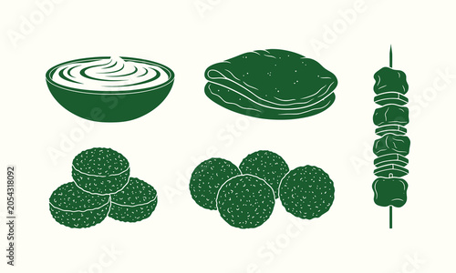 Fotografi Collection of green Middle Eastern cuisine icons with falafel, pita bread, hummus and shish kebab