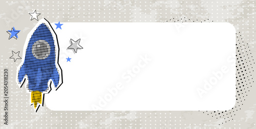 Trendy Halftone Collage Rocket launch, ship with space for text. Startup business, business project, idea, project management. Vector illustration. Contemporary art. 
