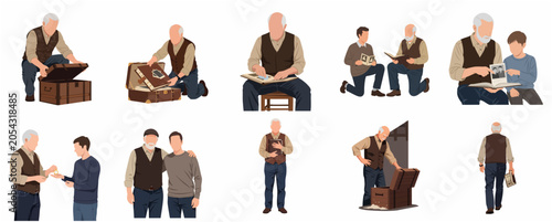 Photos Set of vector illustrations of a grandfather sharing family history, heritage, and memories with his grandson, showing old photos, a vintage trunk, and passing down a legacy