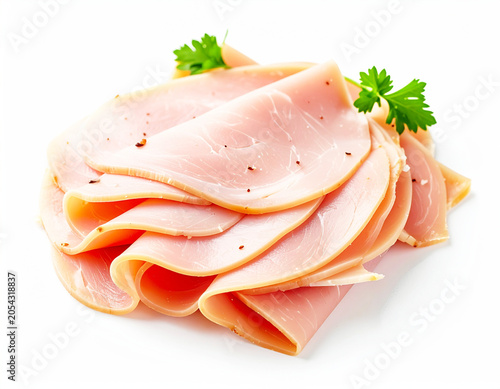 Deli sliced chicken breast meat piled high, white background. AI