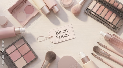 Cosmetic makeup products flat lay with Black Friday paper tag