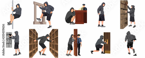 Fotografie Collection of flat vector illustrations depicting a thief or burglar in various
