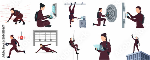 Canvas Print Female Spy Character Set in Various Stealth and Heist Action Poses