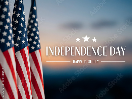 Independence day celebration with American flags and patriotic background.