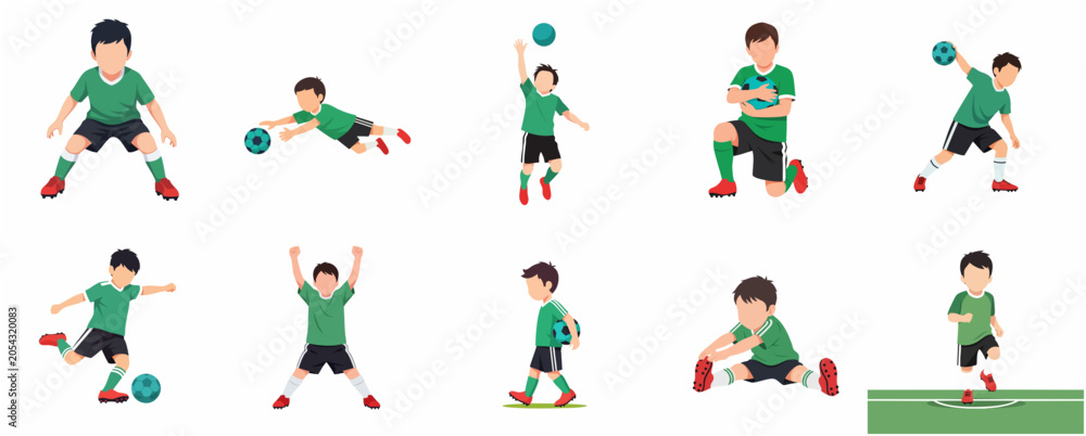 Fototapeta premium Set of Vector Illustrations of a Young Boy Playing Soccer in Various Actions and Poses