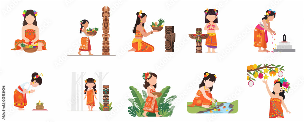 Obraz premium Collection of flat vector illustrations of girls in traditional attire performing cultural rituals, prayers, and offerings in a tropical island setting.