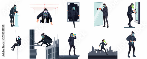 Billede på lærred Flat vector illustration of a female thief or cat burglar in a gas mask performing heist actions, stealing jewelry and bypassing security, criminal character set on white background