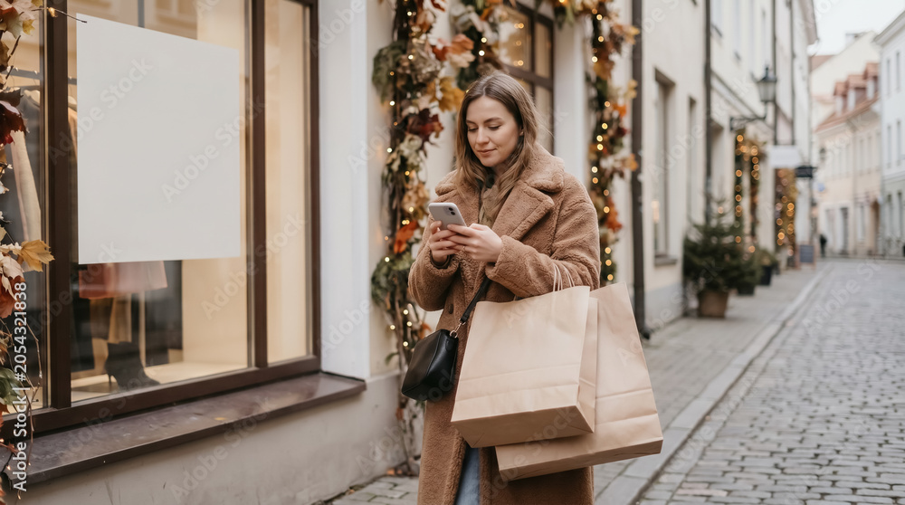 Obraz premium Woman using mobile phone near a blank window display mockup outdoors