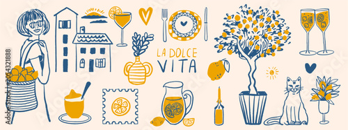 Hand drawn mediterranean summer illustration set. Italian vector woman carrying lemons, cozy village, lemon tree and cat, tableware and cocktails in cute blue and yellow doodle style