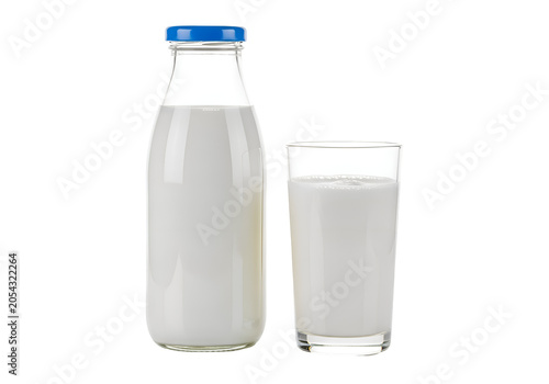 Glass Bottle and Full Glass of Fresh Milk Isolated on White Background on white background , Isolated on Transparent Background, PNG, Generative AI