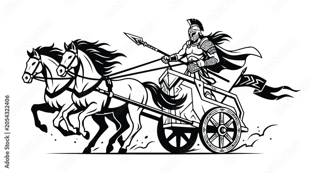 Fototapeta premium Illustration of a medieval warrior riding a chariot pulled by two horses with flowing manes and tail in a dynamic scene