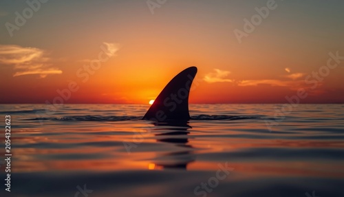 There is a shark fin sticking out of the water as the sun sets