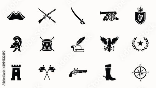 Fényképezés Icon collection of ancient weaponry infantry gear and strategic military map elements