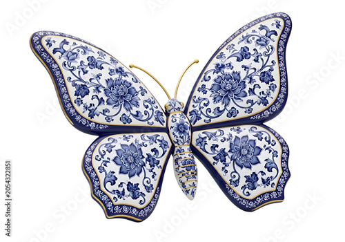 Decorative Porcelain Butterfly with Blue Floral Pattern on white background , Isolated on Transparent Background, PNG, Generative AI