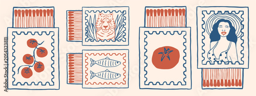 Tableau sur toile Set of hand drawn retro matchbox elements with various illustrations,  tomato, tiger, fish, and a woman in a hat