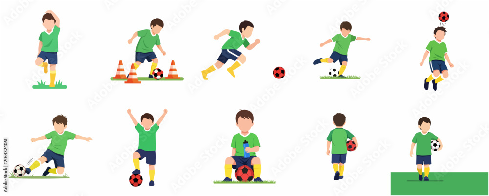 Fototapeta premium Set of young boy soccer player characters in various actions and poses, including kicking, dribbling, training, and celebrating. Flat vector illustration isolated on white background.