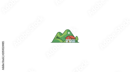 Minimalist Mountain Clinic Icon with Medical Cross Logo